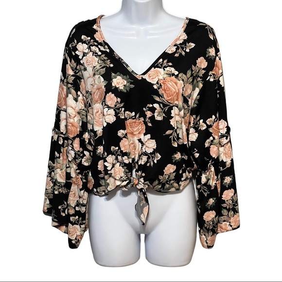 Lavender Field V-Neck Wrap Tie Top Black Multi Color Floral Flare Sleeve Casual - Picture 1 of 5